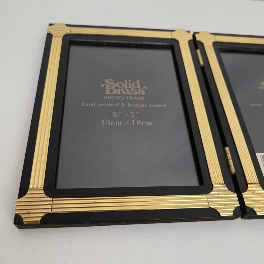 Solid Brass Double Photo Frame Black Gold‎ Finish 5x7 Lacquer Coated Art Deco